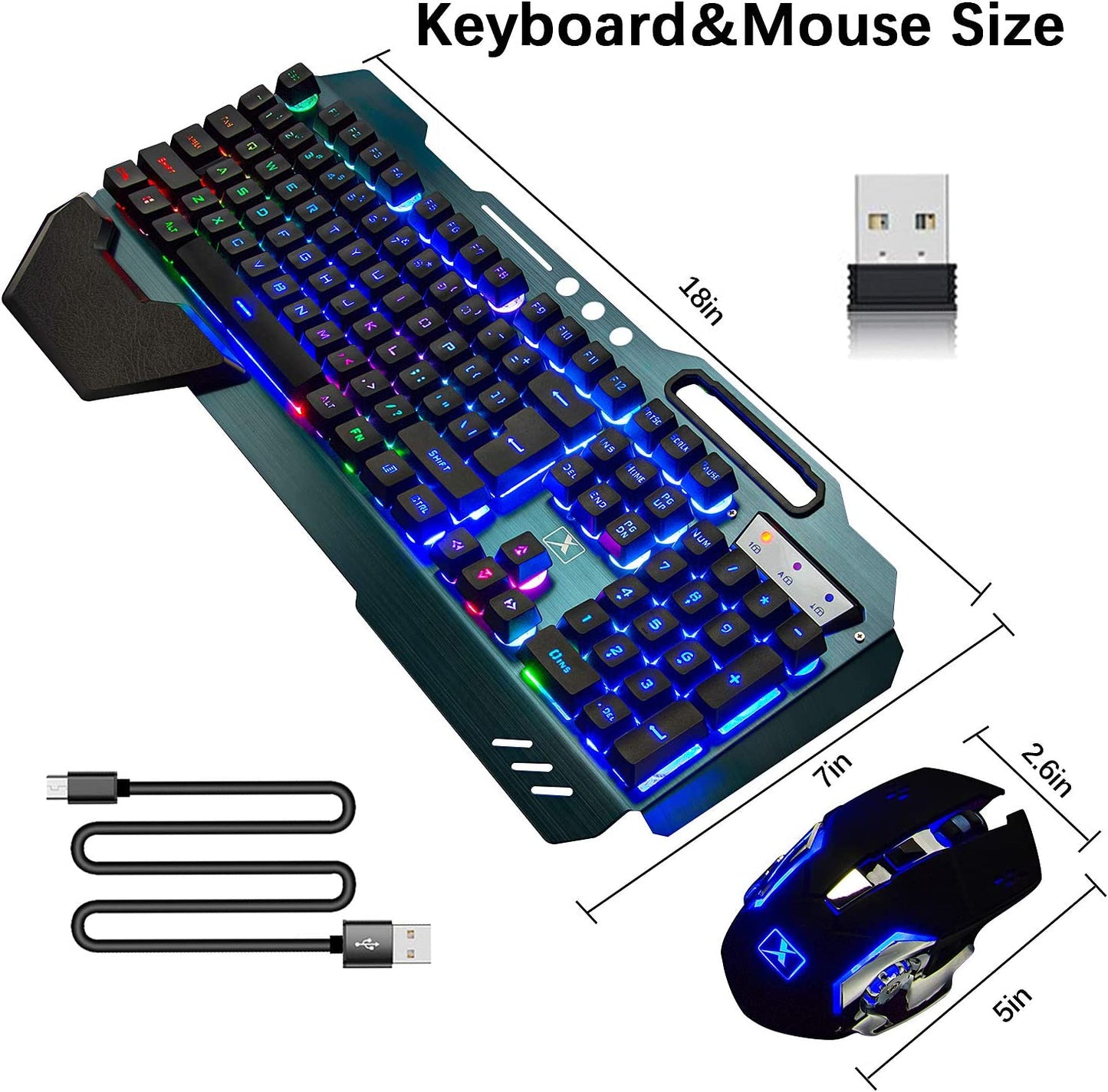 Wireless Gaming Keyboard and Mouse,Rainbow Backlit Rechargeable Keyboard Mouse with 3800Mah Battery Metal Panel,Removable Hand Rest Mechanical Feel Keyboard and 7 Color Gaming Mute Mouse for PC Gamers