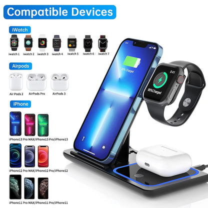 2024 Upgraded Wireless Charging Station, 18W 3 in 1 Charger Station, Fast Charging Dock Stand for Iwatch Series 10/9/8/7/6/SE/5/4/3/2, Compatible with Iphone 16 15 14 13 12 11 Pro/Xs/Samsung & Airpod